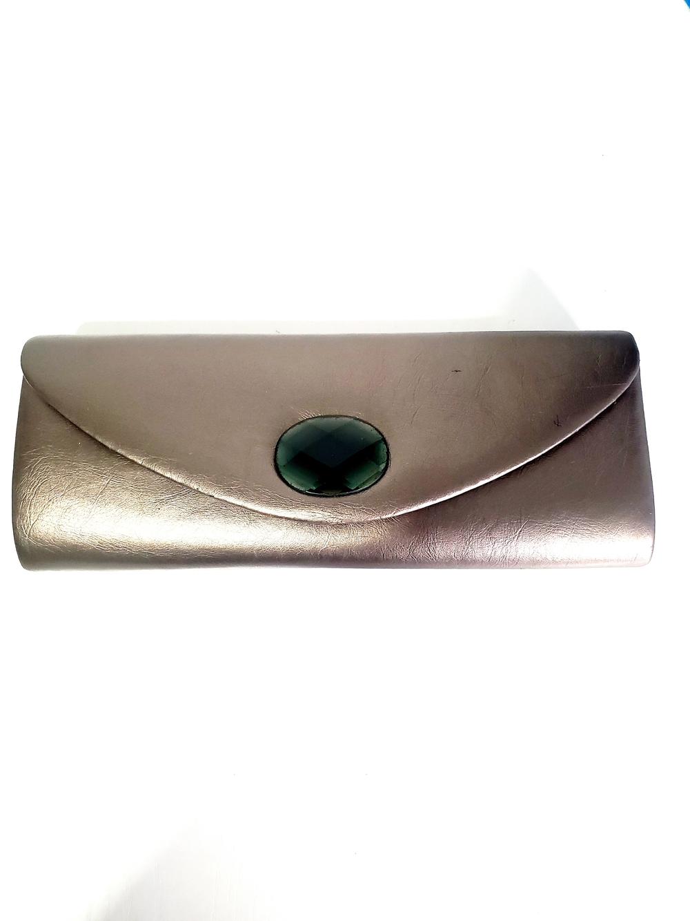 Metallic Taupe Women's Clutch with Dark Green Gem Accent